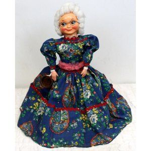 VTG Handmade Old Lady Doll Glasses Blue Floral Pockets Stone Flower Pots Body